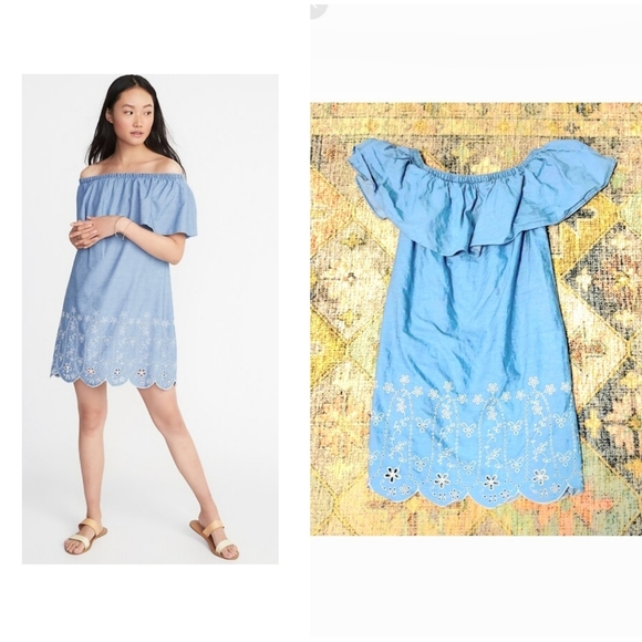 Old Navy On OR off the shoulder chambray denim ruffle embroidered eyelet dress - Picture 1 of 14